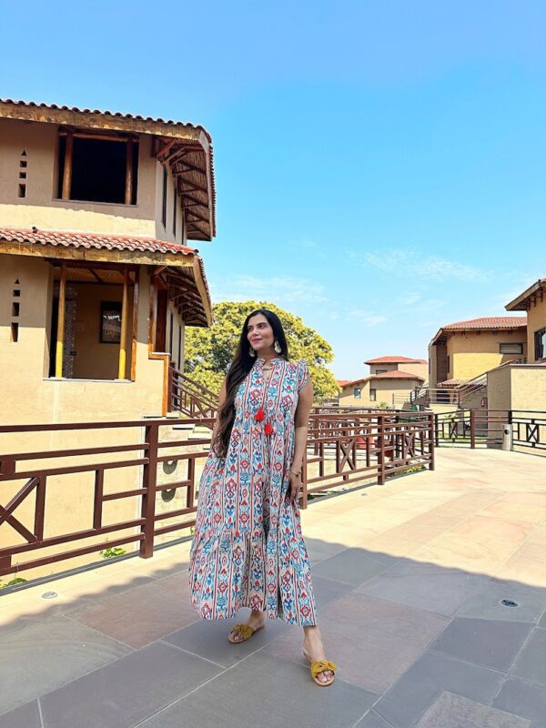 Pure Cotton Long Dress Indian Block Print Sleeveless Summer Earthy Elegant Comfy Pretty Daywear Beach Outfit Pastel Orange Ikat Turquoise
