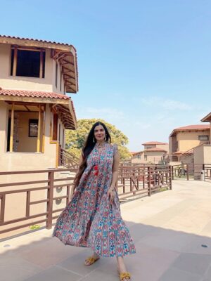 Pure Cotton Long Dress Indian Block Print Sleeveless Summer Earthy Elegant Comfy Pretty Daywear Beach Outfit Pastel Orange Ikat Turquoise - Image 3