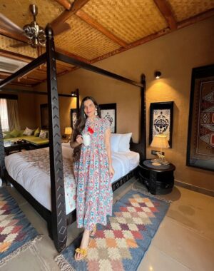 Pure Cotton Long Dress Indian Block Print Sleeveless Summer Earthy Elegant Comfy Pretty Daywear Beach Outfit Pastel Orange Ikat Turquoise - Image 4