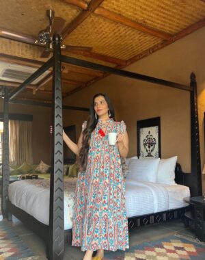 Pure Cotton Long Dress Indian Block Print Sleeveless Summer Earthy Elegant Comfy Pretty Daywear Beach Outfit Pastel Orange Ikat Turquoise - Image 5