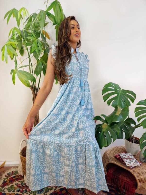 Pure Cotton Long Dress Indian Block Print Sleeveless Summer Earthy Elegant Comfy Pretty Daywear Beach Outfit Pastel Sky Blue White Floral