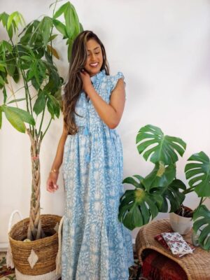 Pure Cotton Long Dress Indian Block Print Sleeveless Summer Earthy Elegant Comfy Pretty Daywear Beach Outfit Pastel Sky Blue White Floral - Image 3