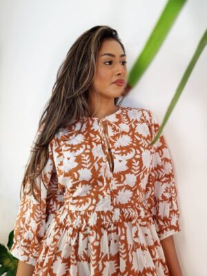 Pure Cotton Long Dress Indian Block Print Colour Summer Elegant Daywear Beach Outfit Soft Desert Tan Brown White Floral Earthy Spring Dream - Image 2