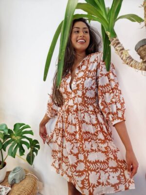 Pure Cotton Long Dress Indian Block Print Colour Summer Elegant Daywear Beach Outfit Soft Desert Tan Brown White Floral Earthy Spring Dream - Image 4