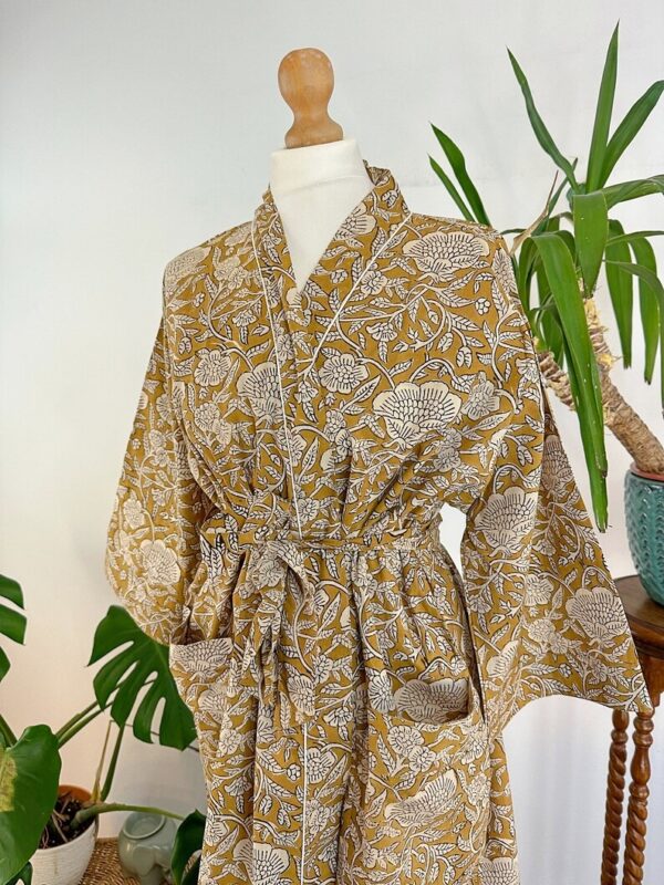 Pure Cotton Bagru Handprinted House Robe Summer Kimono | Floral Beach Coverup/Comfy Maternity Mom | Honey Beige Cream Neutral Mughal Garden