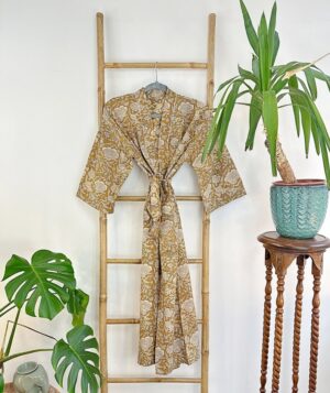 Pure Cotton Bagru Handprinted House Robe Summer Kimono | Floral Beach Coverup/Comfy Maternity Mom | Honey Beige Cream Neutral Mughal Garden - Image 2