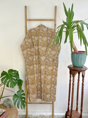Pure Cotton Bagru Handprinted House Robe Summer Kimono | Floral Beach Coverup/Comfy Maternity Mom | Honey Beige Cream Neutral Mughal Garden - Image 3