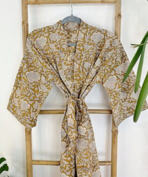Pure Cotton Bagru Handprinted House Robe Summer Kimono | Floral Beach Coverup/Comfy Maternity Mom | Honey Beige Cream Neutral Mughal Garden - Image 4