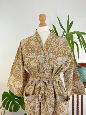 Pure Cotton Bagru Handprinted House Robe Summer Kimono | Floral Beach Coverup/Comfy Maternity Mom | Honey Beige Cream Neutral Mughal Garden - Image 5