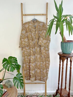 Pure Cotton Bagru Handprinted House Robe Summer Kimono | Floral Beach Coverup/Comfy Maternity Mom | Honey Beige Cream Neutral Mughal Garden - Image 6