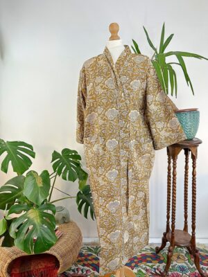 Pure Cotton Bagru Handprinted House Robe Summer Kimono | Floral Beach Coverup/Comfy Maternity Mom | Honey Beige Cream Neutral Mughal Garden - Image 7