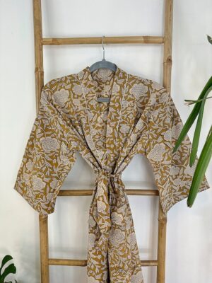 Pure Cotton Bagru Handprinted House Robe Summer Kimono | Floral Beach Coverup/Comfy Maternity Mom | Honey Beige Cream Neutral Mughal Garden - Image 8