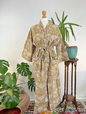Pure Cotton Bagru Handprinted House Robe Summer Kimono | Floral Beach Coverup/Comfy Maternity Mom | Honey Beige Cream Neutral Mughal Garden - Image 9