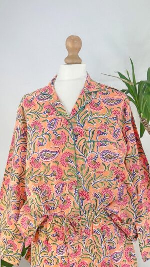 Cotton Hand Printed Indian Block-print Pure Cotton Floral Shorts Set | Long Sleeve Top | Spring Summer Sleep Lounge Wear | Peach Apricot - Image 10