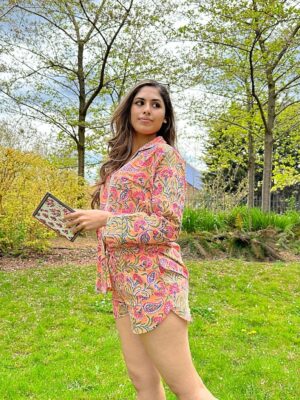 Cotton Hand Printed Indian Block-print Pure Cotton Floral Shorts Set | Long Sleeve Top | Spring Summer Sleep Lounge Wear | Peach Apricot - Image 2