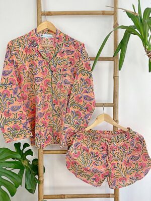 Cotton Hand Printed Indian Block-print Pure Cotton Floral Shorts Set | Long Sleeve Top | Spring Summer Sleep Lounge Wear | Peach Apricot - Image 5