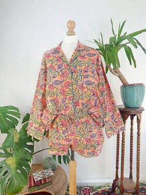 Cotton Hand Printed Indian Block-print Pure Cotton Floral Shorts Set | Long Sleeve Top | Spring Summer Sleep Lounge Wear | Peach Apricot - Image 6