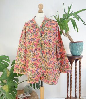 Cotton Hand Printed Indian Block-print Pure Cotton Floral Shorts Set | Long Sleeve Top | Spring Summer Sleep Lounge Wear | Peach Apricot - Image 7
