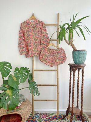 Cotton Hand Printed Indian Block-print Pure Cotton Floral Shorts Set | Long Sleeve Top | Spring Summer Sleep Lounge Wear | Peach Apricot - Image 8