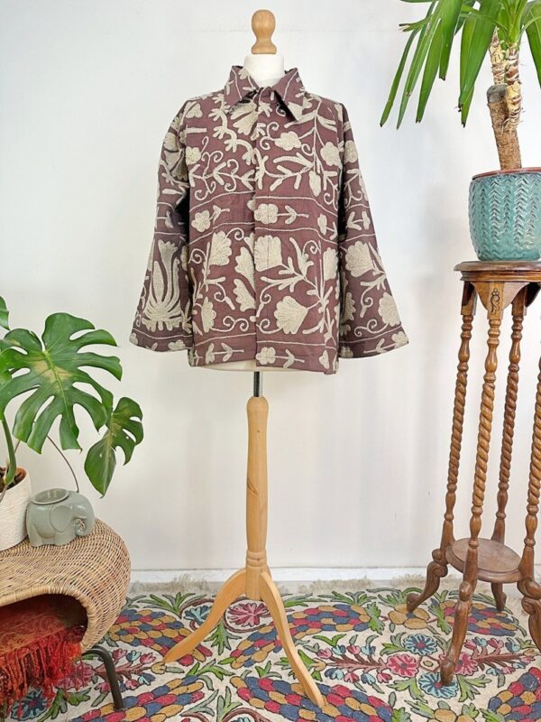 Suzani Hand Embroidered Unisex Bolero Short Jacket Spring Boho Gypsy Kashmir Crewel Special Love Gift | Earthen Burnt Rose Taupe Beige