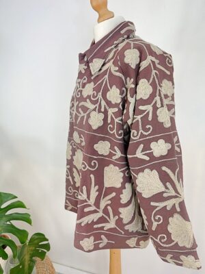 Suzani Hand Embroidered Unisex Bolero Short Jacket Spring Boho Gypsy Kashmir Crewel Special Love Gift | Earthen Burnt Rose Taupe Beige - Image 3