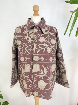 Suzani Hand Embroidered Unisex Bolero Short Jacket Spring Boho Gypsy Kashmir Crewel Special Love Gift | Earthen Burnt Rose Taupe Beige - Image 6