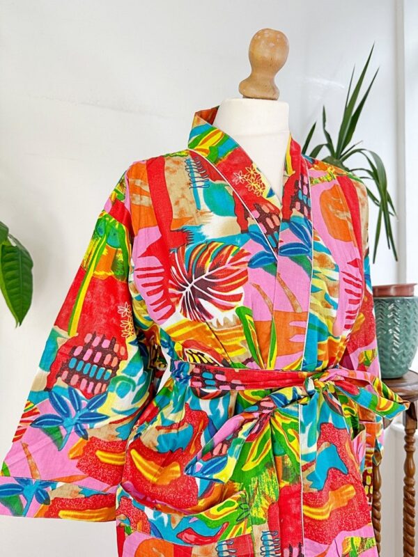 Pure Cotton Indian Block printed House Robe Summer Kimono | Floral Beach Coverup/Comfy Maternity Mom | Orange Burst Green Abstract Graffiti