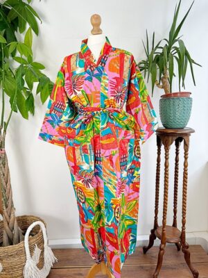 Pure Cotton Indian Block printed House Robe Summer Kimono | Floral Beach Coverup/Comfy Maternity Mom | Orange Burst Green Abstract Graffiti - Image 2