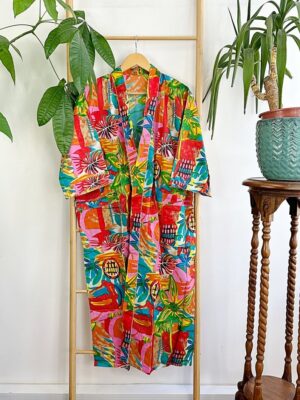 Pure Cotton Indian Block printed House Robe Summer Kimono | Floral Beach Coverup/Comfy Maternity Mom | Orange Burst Green Abstract Graffiti - Image 3