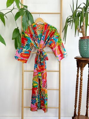 Pure Cotton Indian Block printed House Robe Summer Kimono | Floral Beach Coverup/Comfy Maternity Mom | Orange Burst Green Abstract Graffiti - Image 4