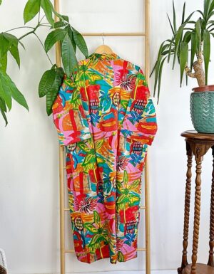 Pure Cotton Indian Block printed House Robe Summer Kimono | Floral Beach Coverup/Comfy Maternity Mom | Orange Burst Green Abstract Graffiti - Image 5