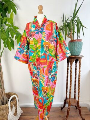 Pure Cotton Indian Block printed House Robe Summer Kimono | Floral Beach Coverup/Comfy Maternity Mom | Orange Burst Green Abstract Graffiti - Image 6