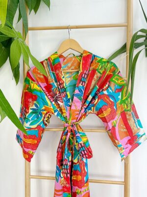Pure Cotton Indian Block printed House Robe Summer Kimono | Floral Beach Coverup/Comfy Maternity Mom | Orange Burst Green Abstract Graffiti - Image 7