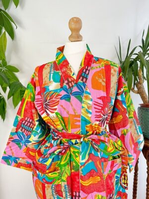 Pure Cotton Indian Block printed House Robe Summer Kimono | Floral Beach Coverup/Comfy Maternity Mom | Orange Burst Green Abstract Graffiti - Image 8