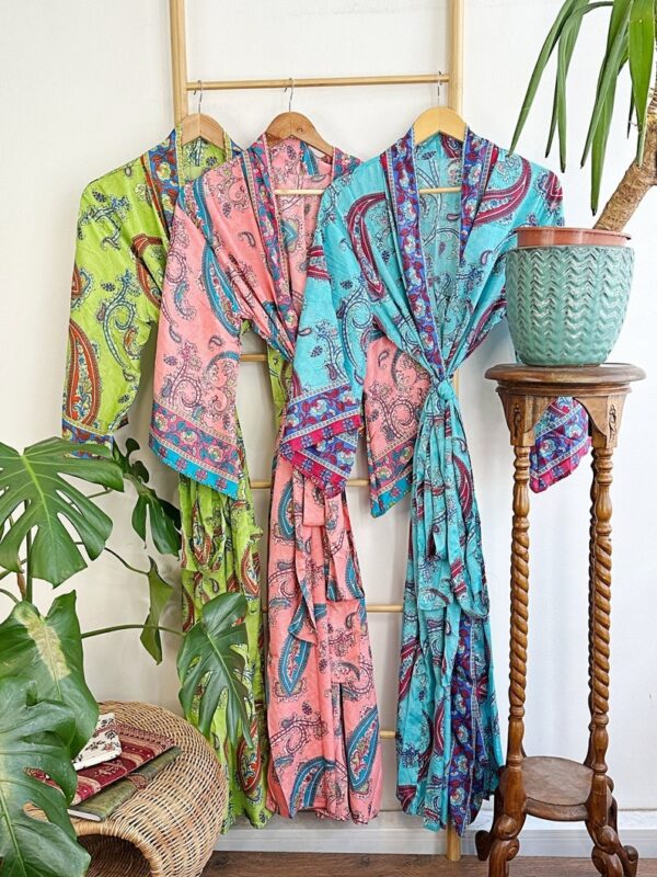 New Silk Sari Boho Kimono Regal House Robe - Luxury Lounge Digital Print Flowy Gown | Royal Ocean Aqua Turquoise Paisley Love Duster Coverup