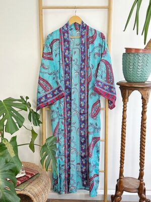 New Silk Sari Boho Kimono Regal House Robe - Luxury Lounge Digital Print Flowy Gown | Royal Ocean Aqua Turquoise Paisley Love Duster Coverup - Image 2