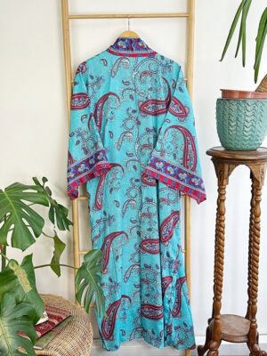 New Silk Sari Boho Kimono Regal House Robe - Luxury Lounge Digital Print Flowy Gown | Royal Ocean Aqua Turquoise Paisley Love Duster Coverup - Image 3