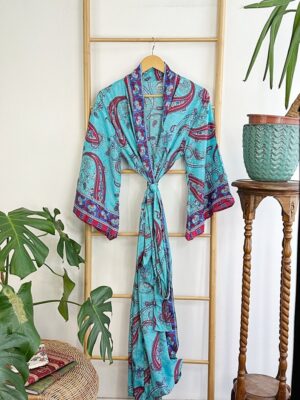 New Silk Sari Boho Kimono Regal House Robe - Luxury Lounge Digital Print Flowy Gown | Royal Ocean Aqua Turquoise Paisley Love Duster Coverup - Image 4