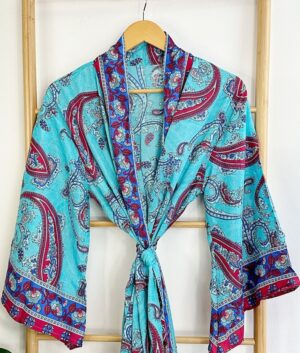 New Silk Sari Boho Kimono Regal House Robe - Luxury Lounge Digital Print Flowy Gown | Royal Ocean Aqua Turquoise Paisley Love Duster Coverup - Image 5