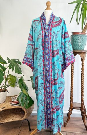 New Silk Sari Boho Kimono Regal House Robe - Luxury Lounge Digital Print Flowy Gown | Royal Ocean Aqua Turquoise Paisley Love Duster Coverup - Image 6