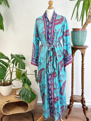 New Silk Sari Boho Kimono Regal House Robe - Luxury Lounge Digital Print Flowy Gown | Royal Ocean Aqua Turquoise Paisley Love Duster Coverup - Image 7