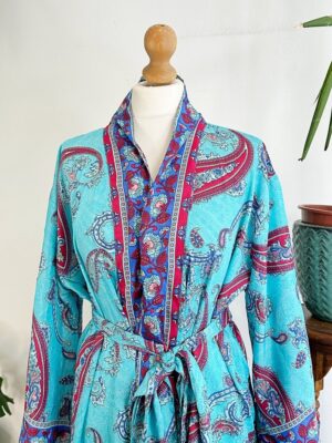 New Silk Sari Boho Kimono Regal House Robe - Luxury Lounge Digital Print Flowy Gown | Royal Ocean Aqua Turquoise Paisley Love Duster Coverup - Image 8