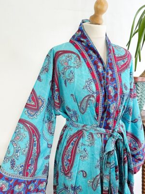 New Silk Sari Boho Kimono Regal House Robe - Luxury Lounge Digital Print Flowy Gown | Royal Ocean Aqua Turquoise Paisley Love Duster Coverup - Image 9
