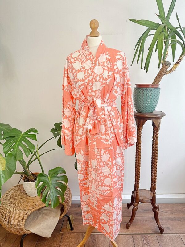 Pure Cotton Indian Block-print House Dressing Robe Kimono | Floral Beach Coverup/Comfy Maternity Mom | Mughal Summer Peach Bouquet Blossom