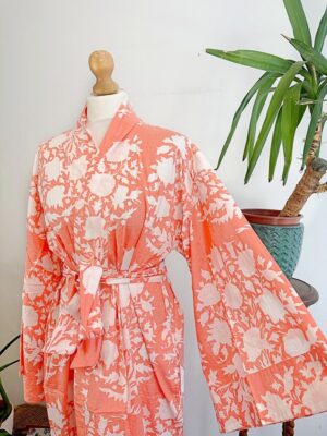 Pure Cotton Indian Block-print House Dressing Robe Kimono | Floral Beach Coverup/Comfy Maternity Mom | Mughal Summer Peach Bouquet Blossom - Image 2