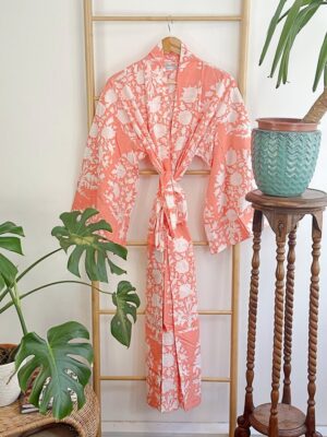 Pure Cotton Indian Block-print House Dressing Robe Kimono | Floral Beach Coverup/Comfy Maternity Mom | Mughal Summer Peach Bouquet Blossom - Image 3