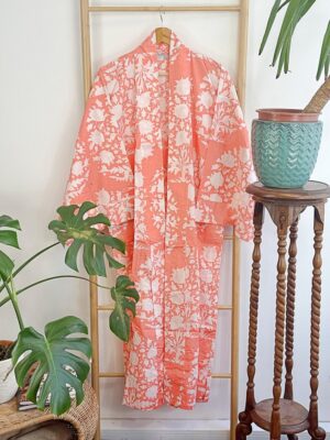 Pure Cotton Indian Block-print House Dressing Robe Kimono | Floral Beach Coverup/Comfy Maternity Mom | Mughal Summer Peach Bouquet Blossom - Image 4
