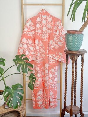 Pure Cotton Indian Block-print House Dressing Robe Kimono | Floral Beach Coverup/Comfy Maternity Mom | Mughal Summer Peach Bouquet Blossom - Image 5
