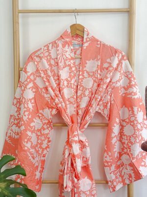 Pure Cotton Indian Block-print House Dressing Robe Kimono | Floral Beach Coverup/Comfy Maternity Mom | Mughal Summer Peach Bouquet Blossom - Image 6