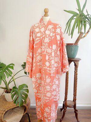 Pure Cotton Indian Block-print House Dressing Robe Kimono | Floral Beach Coverup/Comfy Maternity Mom | Mughal Summer Peach Bouquet Blossom - Image 7